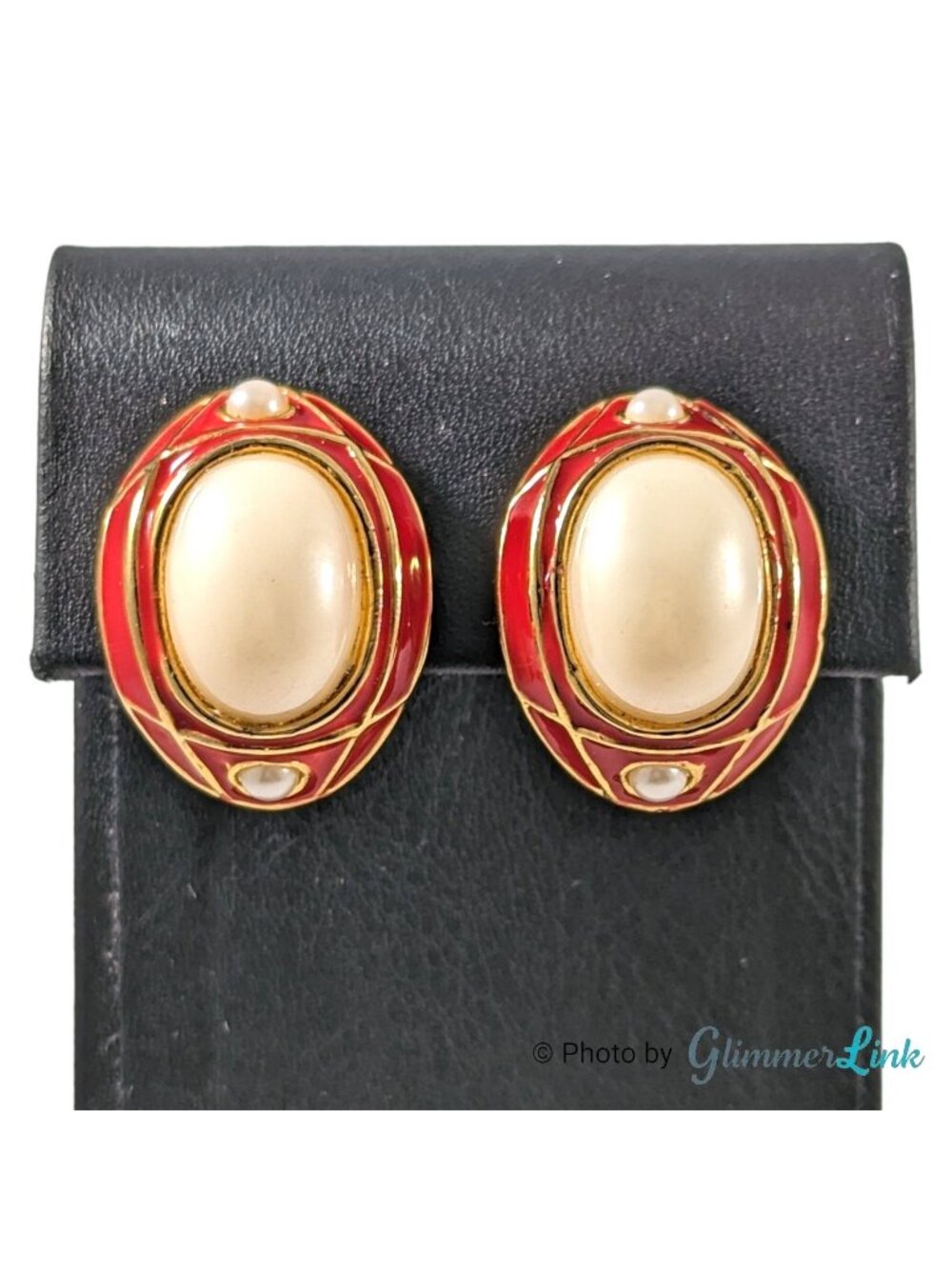 Vintage Red Enamel Faux Pearl Clip On Earrings Gold Tone Oval Statement